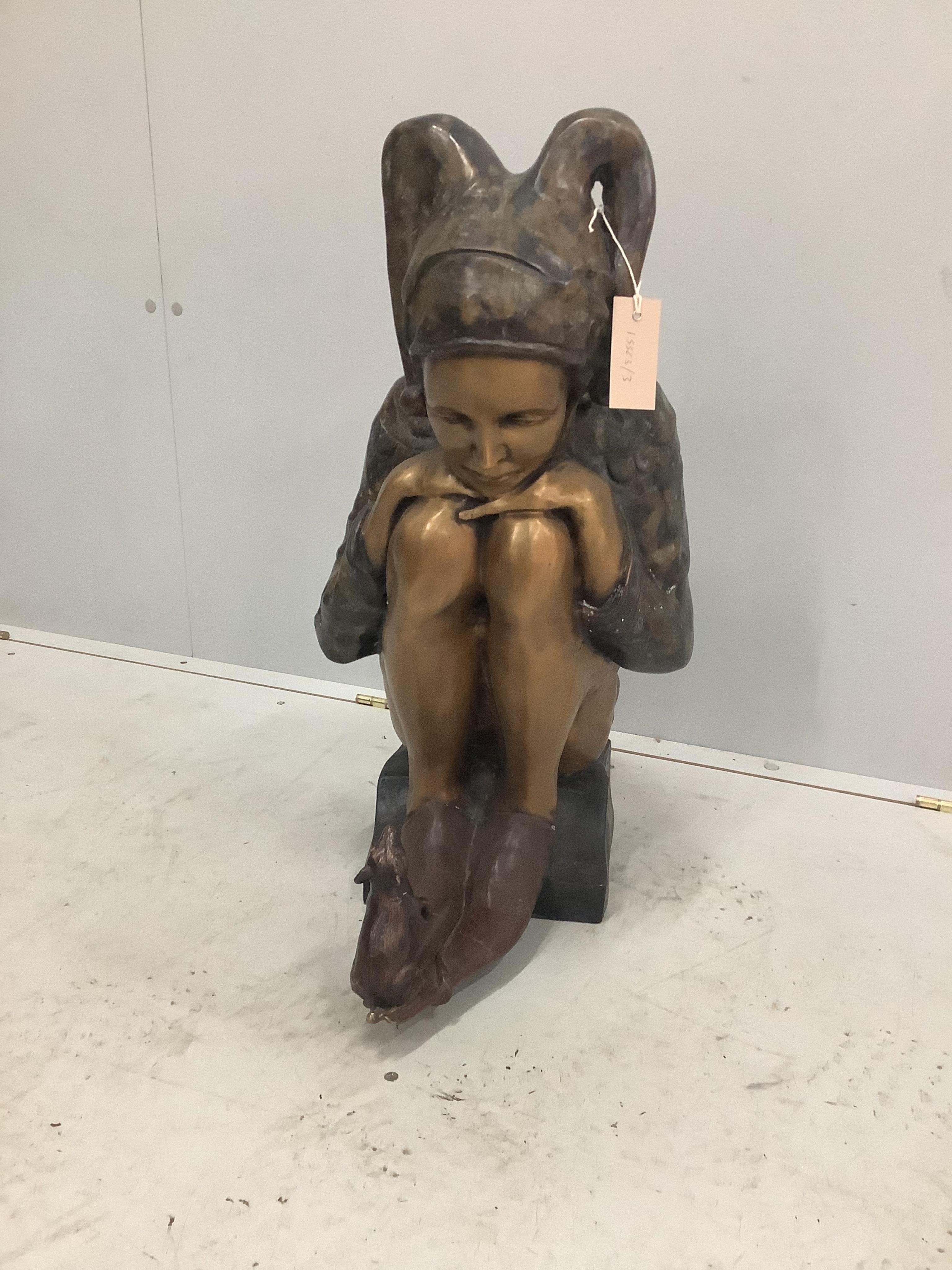 After Johann Wolfgang Elisher. A modern bronze figure of a seated jester and mouse, height 64cm. Condition - fair to good